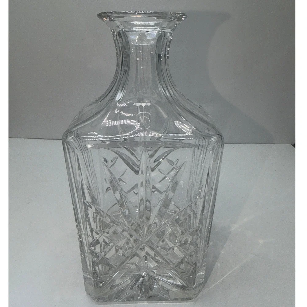 Vintage Heavy Lead Crystal Square Decanter Base Starburst Diamond Cut 8 Inch